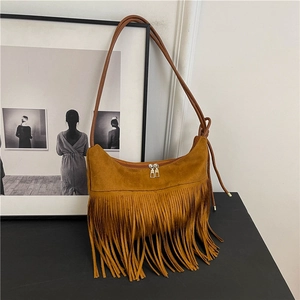 Grand Sac Hobo en Daim à Glands Rétro Bohémien Sac à Épaule Bandoulière pour Femme Sac de Dessous de Bras à Franges