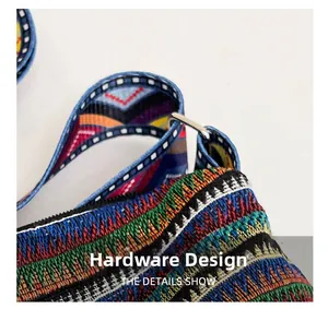 Macro detail of multi-color woven geometric strap with durable silver metal buckle