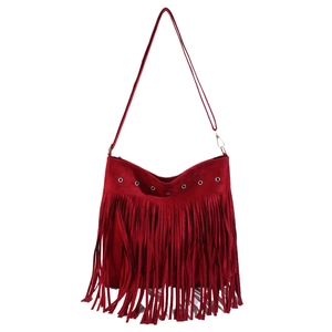 Bohemian dark red fringe crossbody bag with suede texture and metallic eyelets