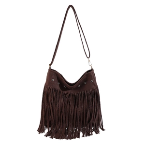 Borsa a tracolla marrone stile bohémien con lunghe frange e dettagli con occhielli