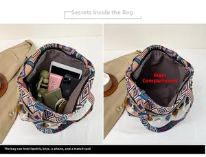 Detail view of the spacious inner compartment and ethnic woven pattern on the large tote bag