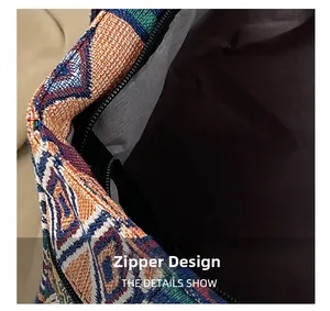 Close-up of the secure zipper closure and colorful woven pattern on the square bag