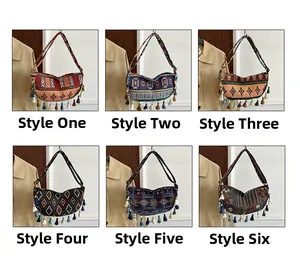 Detailed grid view of six vintage bohemian fringed crescent bags in ethnic jacquard patterns