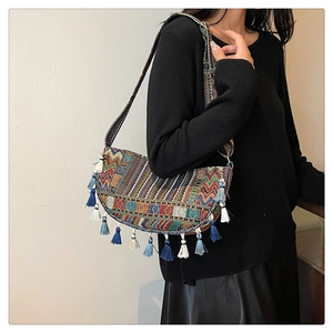 Detailed close-up of a vintage ethnic crossbody bag with fringe and woven patterns