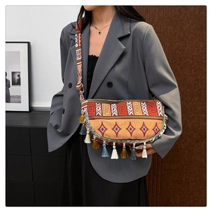 Detail of bohemian woven bag featuring vibrant geometric ethnic patterns and colorful tassels