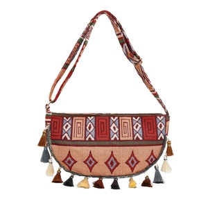Vintage bohemian semi-circle crossbody bag with jacquard patterns and colorful tassels
