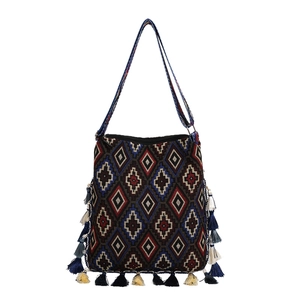Bohemian large capacity tote bag with colorful geometric patterns and fringe tassels