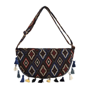 Ethnic bohemian semi-circle crossbody bag with geometric woven patterns and colorful tassels