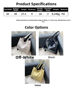 Detailed size chart and multi-color large capacity PU leather tote bag display