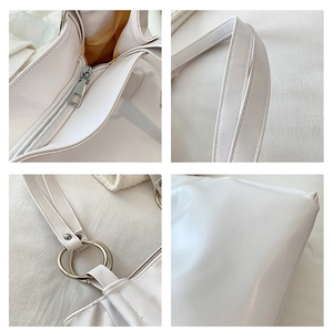 Detail shots of white tote bag showing silver zippers, leather texture, and stitching