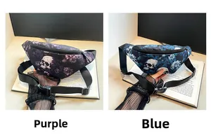 Close-up of purple and blue waist bags with skull and floral gothic prints and nylon straps