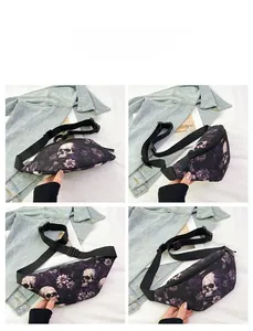 Detail view of nylon waist bag featuring purple floral and skull prints from multiple angles