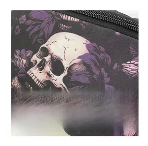 Close-up of gothic skull and purple flower print on black durable chest bag fabric