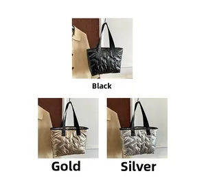 Quilted tote bags in black, gold, and silver finishes with puffer diamond stitching