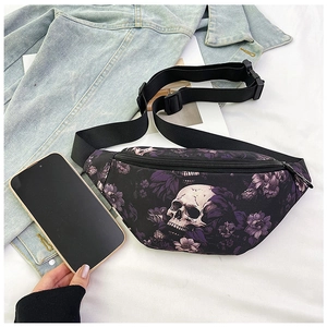 Detailed view of skull and floral print chest bag showing adjustable strap and buckle