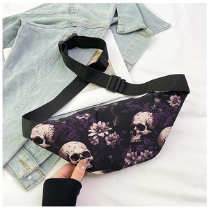 Detail of gothic chest bag with purple floral skull print and durable wide buckle strap