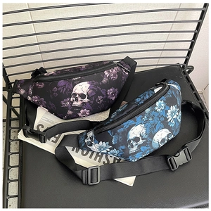 Close-up of skull and flower print on durable chest bags with adjustable buckles