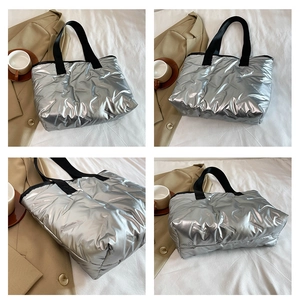 Collage of metallic silver quilted puffer tote bag shown from multiple detail angles