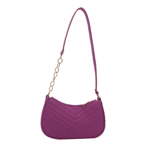 Purple quilted baguette bag with V-shaped stitching and gold chain shoulder strap