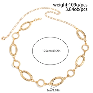 Detail of gold punk body chain with oval links including size and weight measurements