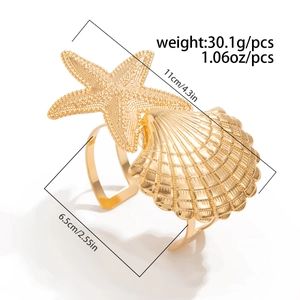 Detailed dimensions of gold starfish and seashell napkin ring with size annotations