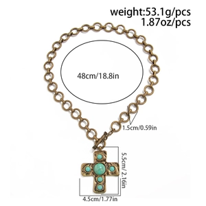 Medidas detalladas para collar de cruz de bronce con piedras turquesas y cadena gruesa