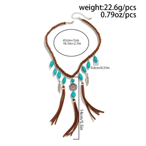 Detail view of Bohemian fringe necklace with dimensions and weight 22.6g specifications
