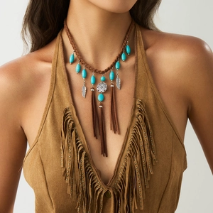 Bohemian Pendant Necklace With Faux Turquoise And Suede Tassels Alloy Ethnic Retro Style Accessory For Women