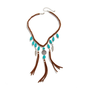 Bohemian turquoise tassel necklace with silver feather charms and brown braided cord