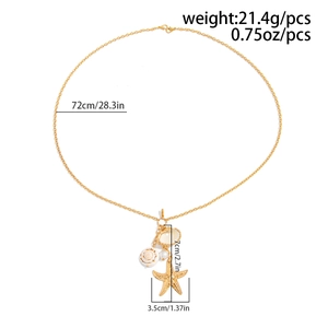 Detail showing golden starfish and shell pendant with 72cm chain length measurements