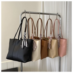 Large Capacity PU Leather Tote Bag Minimalist Commuter Shoulder Handbag And Decorative Satin Scarf For Women