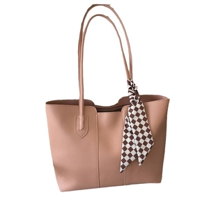 Pink minimalist tote bag with a checkered silk scarf handle for women's office fashion