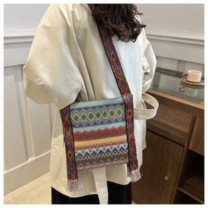 Détail d'un sac ethnique en toile avec motifs tissés colorés et détails de glands argentés