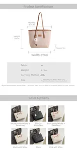 Detailed size chart and color options for large capacity PU leather tote bag with logo