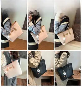 Detailed views of cream and black patterned tote bags with cute plush charms on models