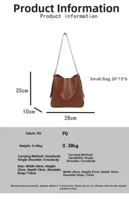 Detailed dimensions and specs of brown woven tote bag with adjustable strap and inner pouch