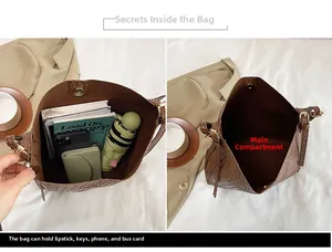 Detailed view of brown tote interior capacity with magnetic closure and daily essentials