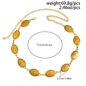 Detail showing dimensions of gold oval medallion waist chain with turquoise-style relief