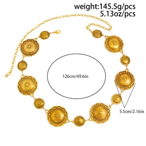 Detail view of retro gold waist chain with engraved circular plates and size dimensions