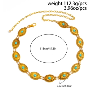 Detailed view of bohemian metal waist chain with turquoise stones and size measurements