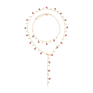 Collana lunga dorata con ciondolo a ciliegia in smalto rosso e strass luccicanti