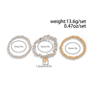 Detailed set of three beaded bracelets with heart pendant and weight dimensions