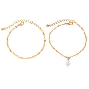 Minimalist gold chain anklet set with a marina style link and a white drop pearl pendant