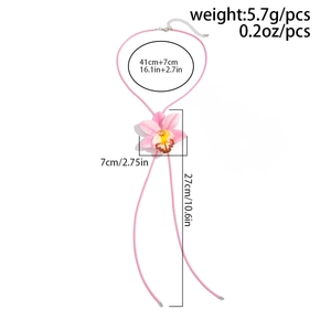 Detailed specs of pink floral choker with fabric orchid and adjustable cord chain