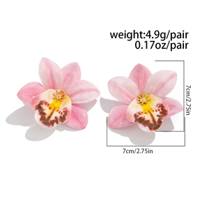 Detailed view of pink orchid stud earrings with size and weight measurement details