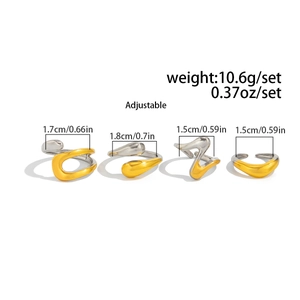 Detailed view of four adjustable liquid-style rings in gold and silver mixed tones