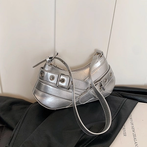 Silver metallic punk style underarm baguette bag with grommets and adjustable strap