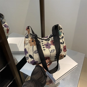 Vintage Floral Canvas Crossbody Bag For Women Jacquard Hobo Shoulder Bag Adjustable Strap Small Casual Travel Handbag