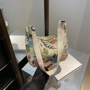 Vintage floral embroidered canvas shoulder bag with wide adjustable strap for women