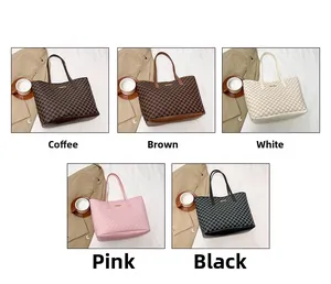 Collage showing five color options of a large capacity tote bag with M-pattern design